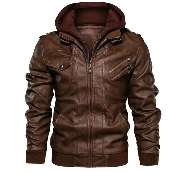 Warm Vegan Leather Biker Jacket with Hood for Men | Perfect for Casual Days