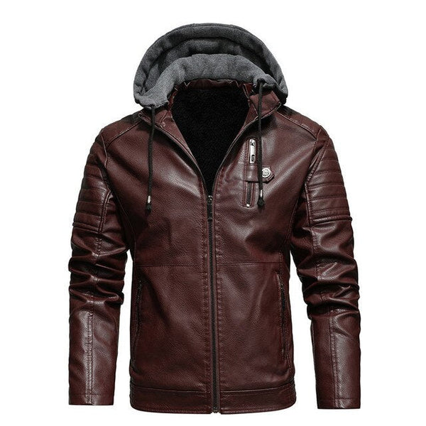 Winter Vegan Leather Biker Jacket with Hood for Men | Ideal for Winter