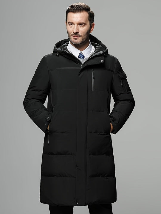 Men's Long Hooded Down Jacket with Zipper Placket and Pockets | Ideal for Autumn/Winter