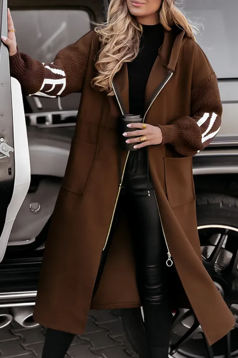 Women's Casual Hooded Jacket With Long Knitted Sleeves And Patchwork Design | Ideal for Autumn/Winter