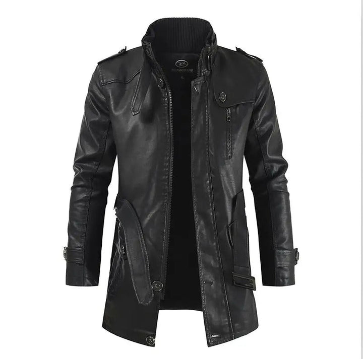 Men's Elegant Long Vegan Leather Jacket with Pockets | Ideal for Autumn/Winter